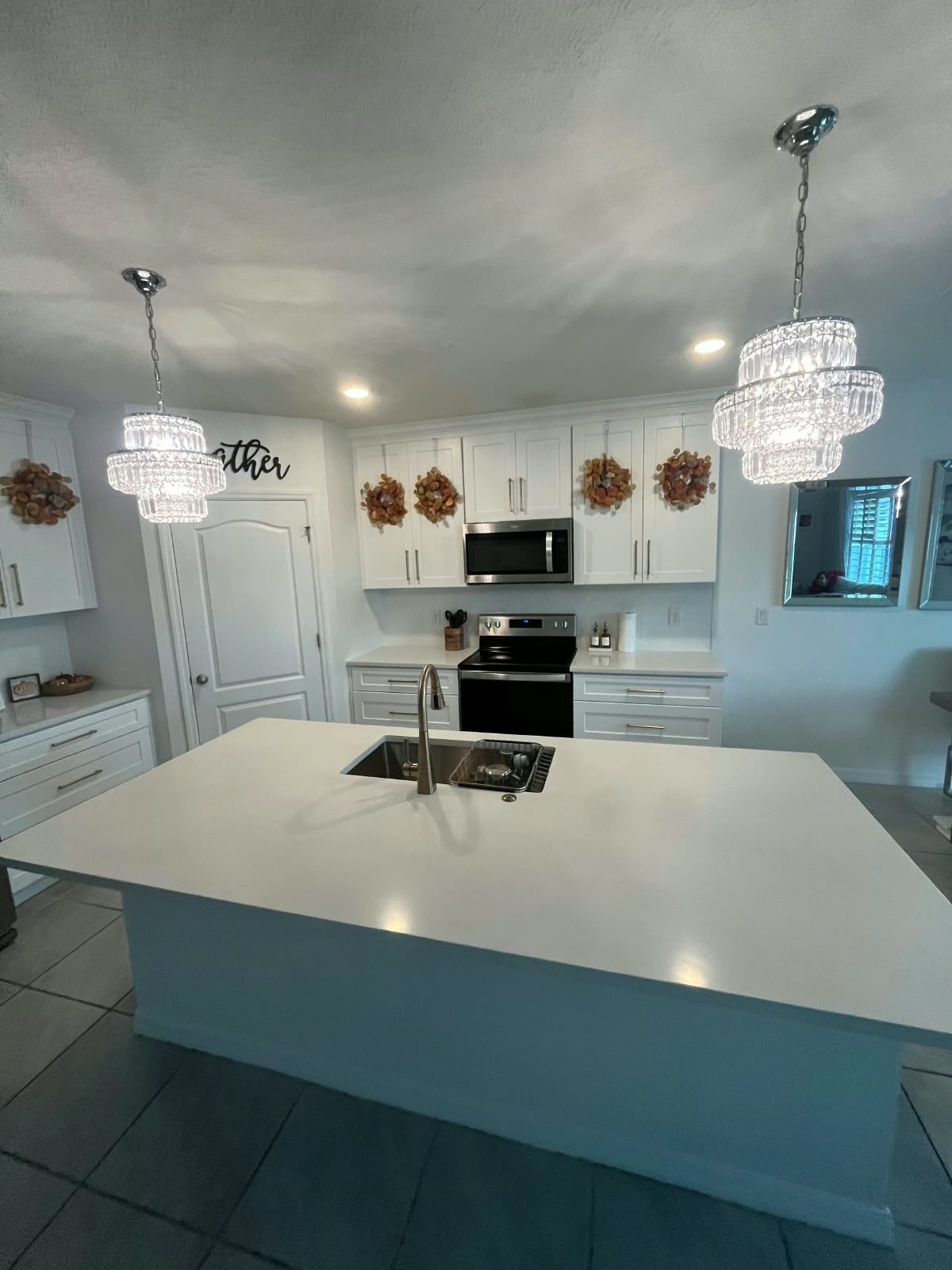 Renovated luxury kitchen with waterfall island